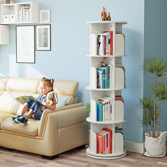 EasyCom 4 Tier Rotating Display Bookshelf Organizer Floor Standing Bookcase Storage Rack- Display Round Bookshelf Swivel Corner Book Shelf- Tall Bookcase for Home Study Office, White