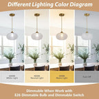 KCO Lighting Clear Ribbed Glass Pendant Light Vintage Brass Gold Pendant Lighting Large Globe Pendant Lights Kitchen Island Mid Century Modern Hanging Light for Living Room