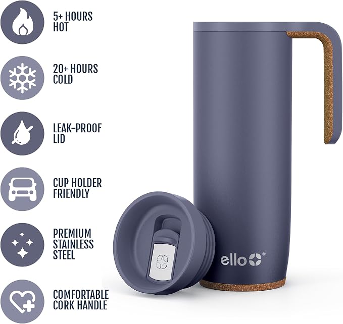 Ello Magnet 18oz Vacuum Insulated Stainless Steel Travel Mug with Side Handle and Leak-Proof Slider Lid and Built-in Coaster, Keeps Hot for 5 Hours, Perfect for Coffee or Tea, BPA-Free