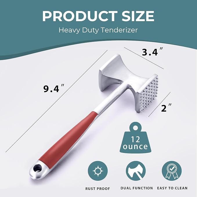 KITEXPERT Meat Tenderizer Hammer with Comfortable-Grip Handle, Dual-side Mallet for Kitchen, Heavy Duty Pounder For Tenderizing Steak, Beef and Fish, Red
