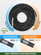 3/8" 4800PSI Pressure Washer Hose 100FT with Swivel Quick Connect for Cold/Hot Water Max 248°F, Kink Resistant Steel Wire Braided, Wear Resistant Power Washer Hose with M22 14mm Adapter