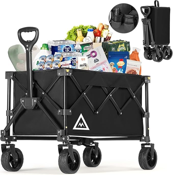 Wagon Cart Shopping Foldable Folding Collapsible with Wheels Big On Beach Garden Outdoor Grocery Heavy Duty Utility All Terrain Portable Wagons Carts for Groceries Sand Camping Sports Black