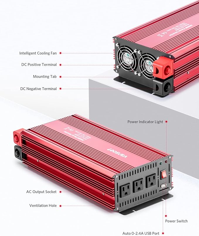3000 Watts Power Inverter, 12V DC to120V AC Car Inverter with 3 AC Outlets and 2.4A USB Port, Battery Cables Included, 3000W Car Converter Suitable for Car RV Truck Boat(Red)