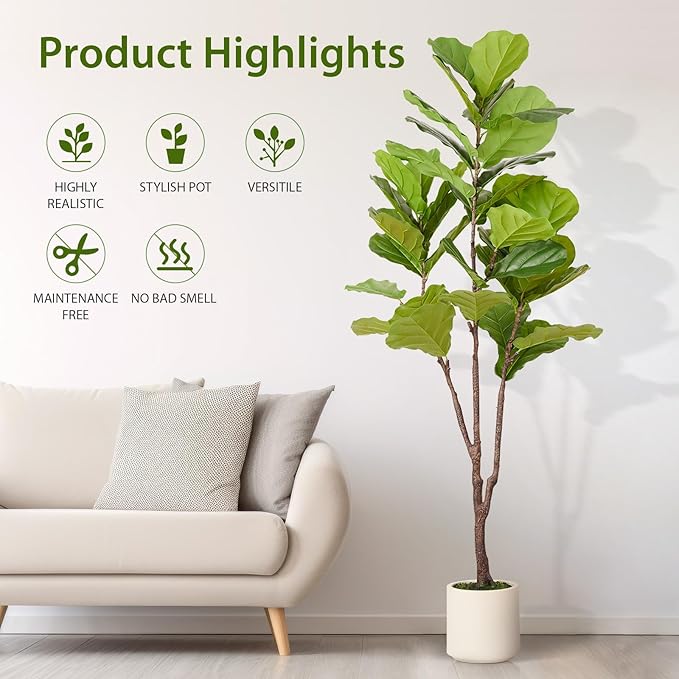 Artificial Fiddle Leaf Fig Tree, 6FT Faux Ficus Lyrata Plant with Realistic Leaves, Lifelike Home Decor Faux Tree in Stylish Pot for Indoor, Office, Living Room Decor (6ft)
