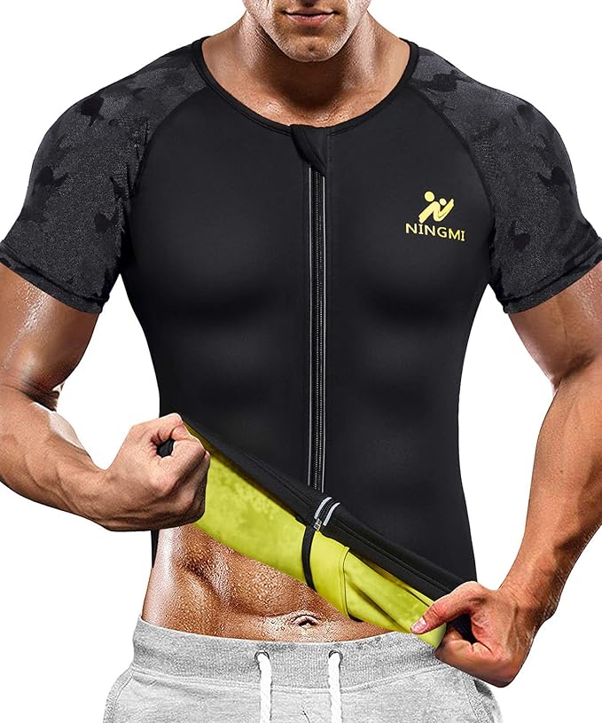 NINGMI Sauna Suit for Men Hot Sweat Suit Sauna Shirt Sweat Body Shaper Workout Neoprene Suit Zipper Short Sleeve