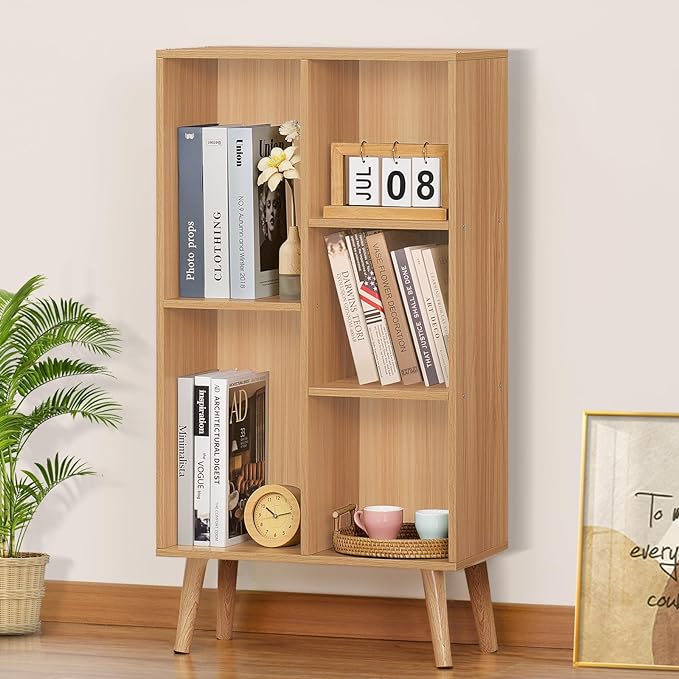 LEYAOYAO Wooden 5 Cube Bookshelf, Natural 3 Tier Book Shelf with Legs, Modern Open Storage Organizer,Boho Bookcase,Display Cabinet Shelf Free Standing Bookshelves for Bedroom,Living Room,Study