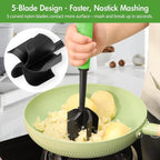 Ourokhome Meat Chopper and Potato Masher, Heat Resistant Nylon Ground Beef Smasher for Hamburger, 5 Curved Blades Nonstick Safe Mixer & Stirrer, Practical Kitchen Gadgets, Green