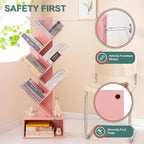 Yoobure Tree Bookshelf - 6 Shelf Retro Floor Standing Bookcase, Tall Wood Book Storage Rack for CDs/Movies/Books, Utility Book Organizer Shelves for Bedroom, Living Room, Home Office Pink