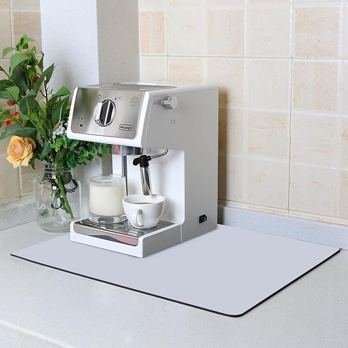 ZLR Coffee Bar Mat for Espresso Machine, 12"x20" Medium, Light Gray | Absorbent Dish Drying Mat, Stain-Hiding PU Top, Non-Slip Back, Fits Grinder, Knock Box, Tamper & Milk Frother