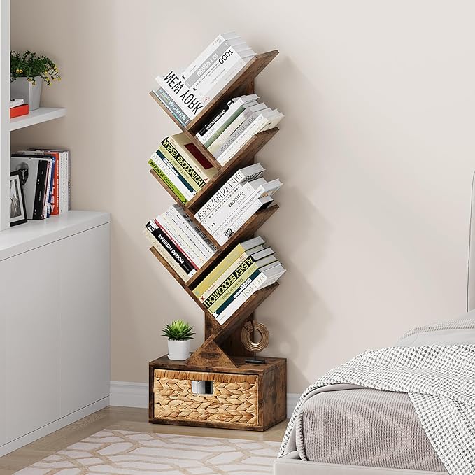 Vagusicc 6 Tier Tree Bookshelf, Modern Floor Standing Bookcase with Storage Drawer, Tall Wood Book Storage Rack for CDs/Books, Utility Book Organizer Shelves for Bedroom/Living Room/Home Office/Corner