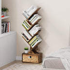 Vagusicc 6 Tier Tree Bookshelf, Modern Floor Standing Bookcase with Storage Drawer, Tall Wood Book Storage Rack for CDs/Books, Utility Book Organizer Shelves for Bedroom/Living Room/Home Office/Corner