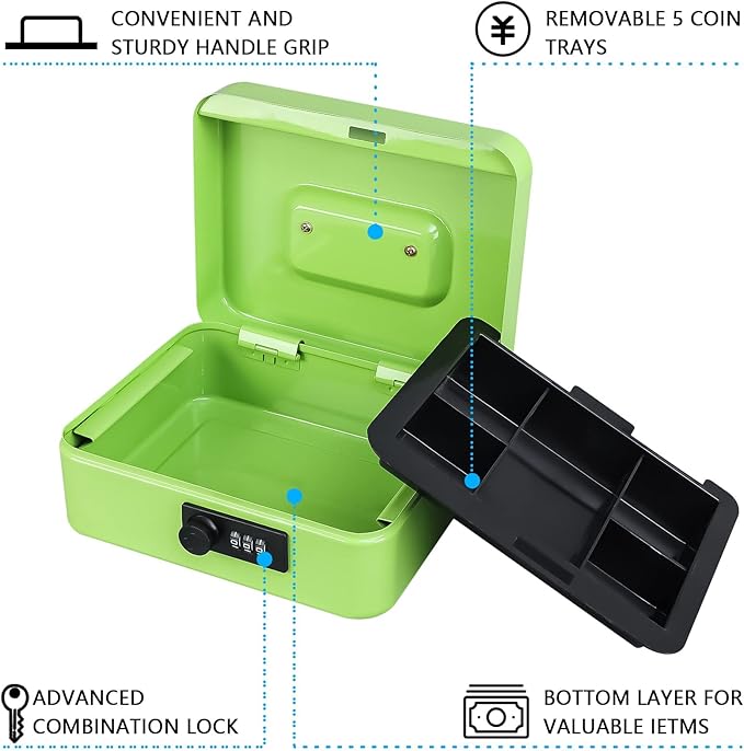 KYODOLED Cash Box with Combination Lock,Safe Metal Box for Money,Storage Lock Box with Money Tray,7.87"x 6.30"x 3.54" Limegreen Medium