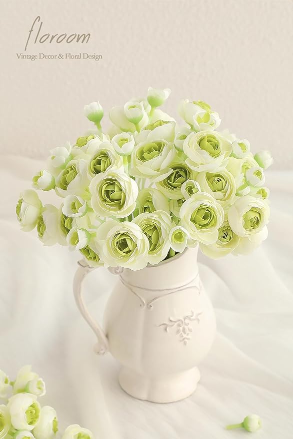 Floroom Ranunculus Artificial Flowers 18 Pcs Green Faux Silk Mini Ranunculus Bulk Fake Wedding Filler Flowers for DIY Bouquets, Centerpieces, Bridal Shower Decorations & Arrangements