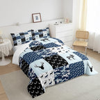 Cute Deer Comforter Set Queen, Military Camo Bedding Set for Kids Boys Teens Bedroom Tribal Animal Antlers Silhouette Quilted Comforter Checkered Plaid Arrows Bedding Comforters, Army Blue and White
