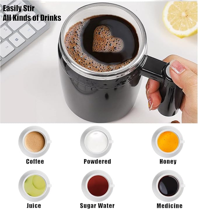 Self Stirring Mug,Rechargeable Auto Magnetic Coffee Mug with 2Pc Stir Bar,Waterproof Automatic Mixing Cup for Milk/Cocoa at Office/Kitchen/Travel 14oz Best Gift - Black
