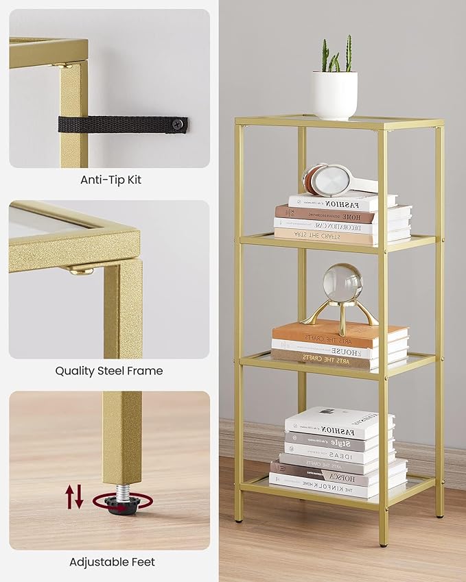 VASAGLE Bookcase, 4-Tier Bookshelf, Slim Shelving Unit for Bedroom, Bathroom, Home Office, Tempered Glass, Steel Frame, Metallic Gold ULGT28G