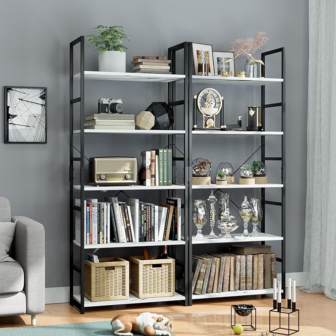 OTK 5 Tier Bookshelf, Tall Bookcase, Office Shelf Storage Organizer, Modern Book Shelf for Living Room, Bedroom, and Home Office, White Marble