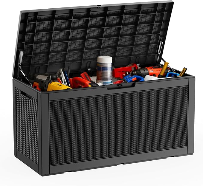 DRATO 100 Gallon Large Deck Box, Outdoor Storage Box for Patio Furniture, Patio Cushions, Gardening Tools, Pool Supplies,660lbs Weight Capacity,Waterproof Resin Storage Boxes