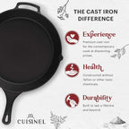 Cast Iron Skillet + Pan Scraper - 15"-Inch Pre-seasoned Frying Pan + Heat-Resistant Silicone Handle Grip - Oven-Safe Kitchen Cookware - Indoor/Outdoor Use - Camping, Grilling, BBQ, Open Fire Safe