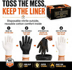 BBQ Gloves Disposable, 100 Count + 4 Cotton Liners, 10 Mil Tear Resistant | Nitrile Diamond Grip, Heat Resistant for Grilling Smoking Cooking, Food Safe, Latex Free, Heavy Duty Meat Handling, X-Large