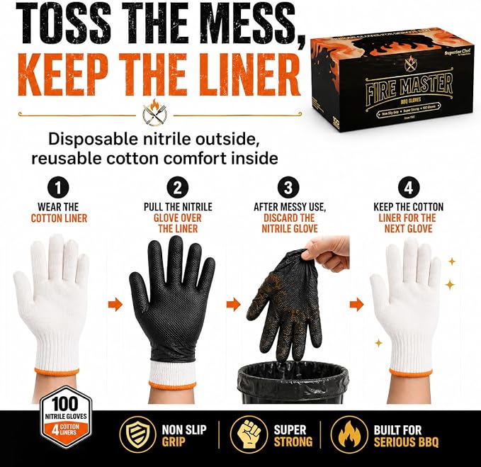 BBQ Gloves Disposable, 100 Count + 4 Cotton Liners, 10 Mil Tear Resistant | Nitrile Diamond Grip, Heat Resistant for Grilling Smoking Cooking, Food Safe, Latex Free, Heavy Duty Meat Handling, X-Large