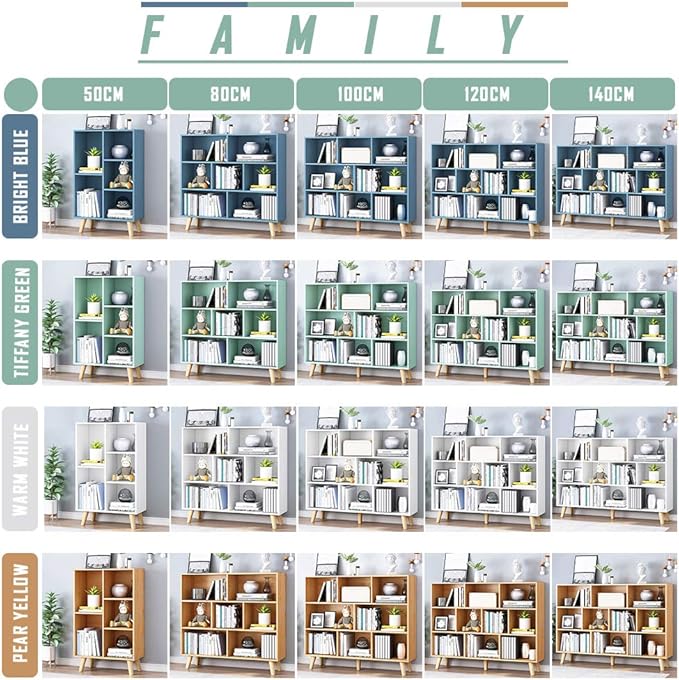 IOTXY Wooden Open Shelf Bookcase - 3-Tier Floorstanding Display Cabinet Rack with Legs, 5 Cubes Free Standing Bookshelf, Tiffany-Green