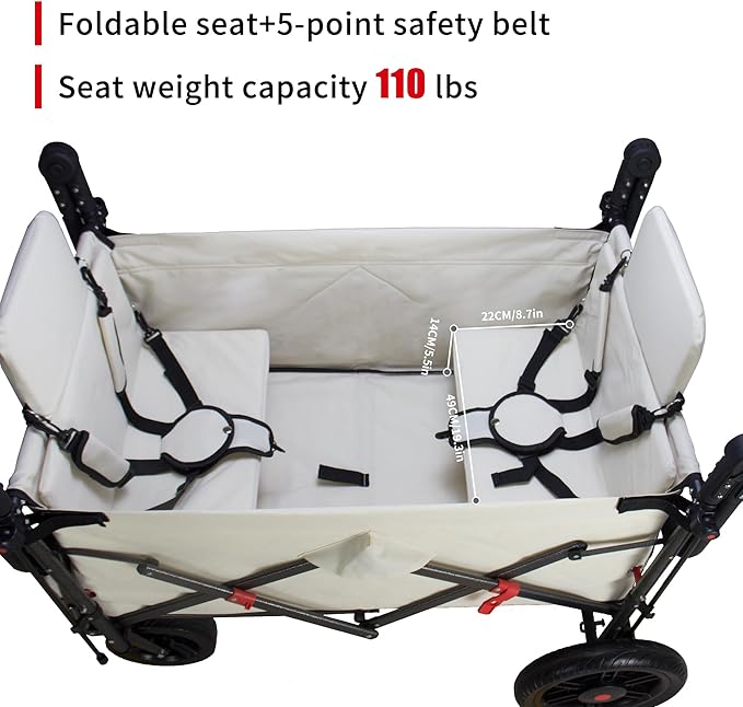 Foldable Wagon with Canopy - Collapsible Utility Cart with 2 Seats & Belts, Adjustable Handle, Expandable Front for Camping, Picnic, Shopping (Beige)