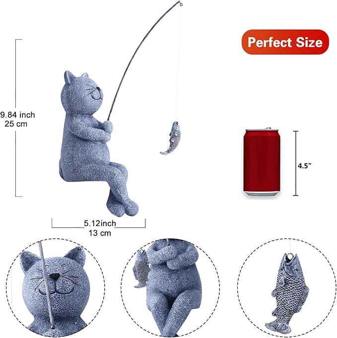 Goodeco Fishing Cat Garden Statue – 10" Little Cat Fisher for Garden Pond Decor, Poolside Statue with Glow in Dark Pebbles Included,Great Gifts for Mom, Women & Birthdays (Cat)