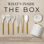 Styled Settings White and Gold Kitchen Utensils with Holder, 8-Piece | Heat Resistant, Nonstick, White Silicone Cooking Utensils Set, Ceramic Utensil Holder & Stackable Gold Spoon Rest