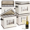 Uiifan 4 Pcs Champagne Flute Storage Box with Dividers 12 Compartment Stemware Storage Cases China Container Box with Lid, Handles, PVC Window for Moving, Beige