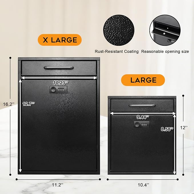xydled Wall-Mount Mailboxes with Combination Lock, Black, Large | Steel Combination Lock Mail Boxes Outdoor, Locking Wall Mount Mailbox, Security Key Drop Box, 13.4H x 11.6L x 5.8W Inches