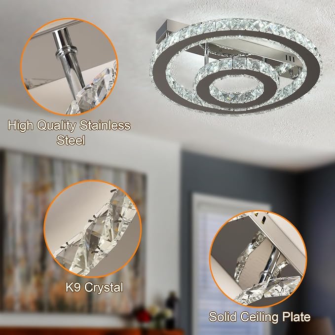 Crystal LED Ceiling Light Chandelier, Modern Semi Flush Mount Lighting Fixture Ceiling Lamp for Living Room, Dining Room, Bedroom, Kitchen Island, Entryway