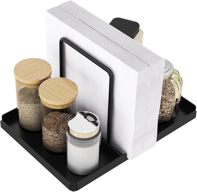 Napkin Holder for Table with Salt and Pepper Shakers Caddy, Black | Metal Napkin Holder, Standing Paper Napkin Storage for Kitchen Dining Table Decor