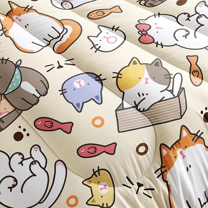 Kawaii Cat Comforter Full,Kawaii Animals Comforter Set for Kids Teens Girls,3Pcs Bedding Set Printed Comforter with 2 Pillowcases,Down Alternative,Soft and Lightweight，Full Size