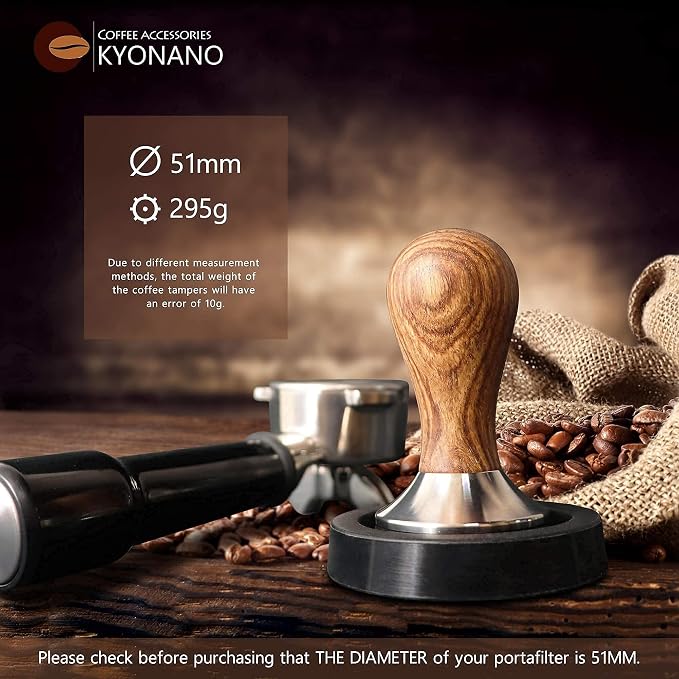 KYONANO Espresso Tamper 51mm - Coffee Tamper with Dalbergia Odorifera Handle - Espresso Press Hand Tamp PLUS Free Milk Frothing Pitcher 12oz/350ml, Silicone Tamper Mat - Fits 51mm Delonghi Portafilter