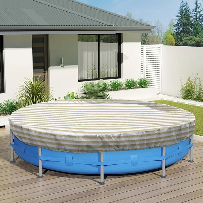 ECOOPTS 15 ft Round Pool Cover for Above Ground Pools, Swimming Pool Cover Protector Winter Safety Cover (Beige White Stripes)