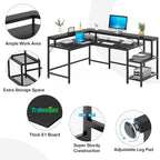 L-Shaped Desk with Monitor Shelf, Black