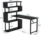 Rotating Computer Desk L-Shaped Office Desk with 5 Shelves Bookcase, Reversible Writing Desk Study Table with Wheels for Home Office, Black