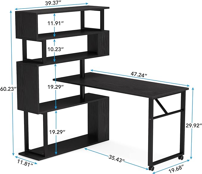 Rotating Computer Desk L-Shaped Office Desk with 5 Shelves Bookcase, Reversible Writing Desk Study Table with Wheels for Home Office, Black