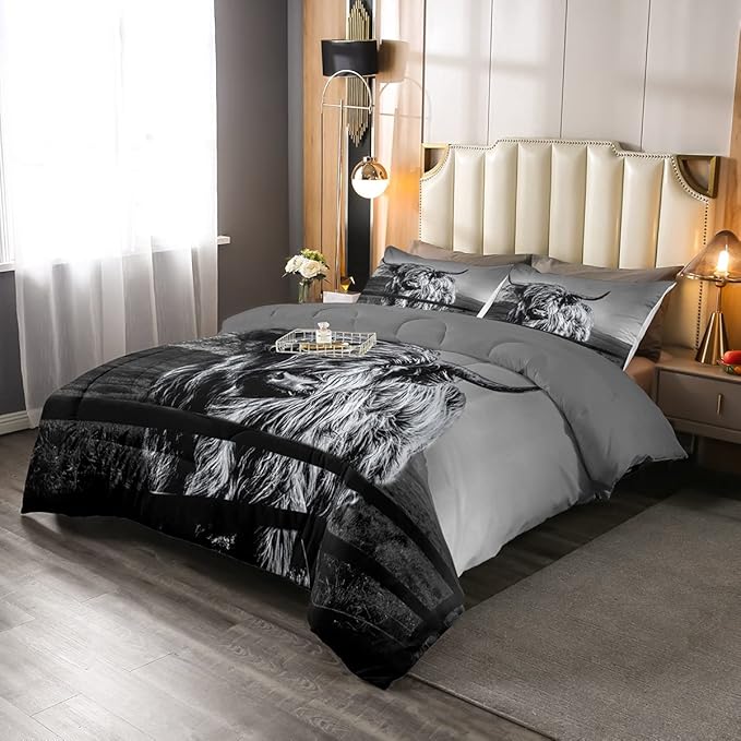 Highland Cow Bedding Set Twin Size Grey Bull Cattle Comforter Set Funny Farmhouse Wildlife Animal Duvet Set for Kids Boys Girls Teens Western Cowboy Style Down Comforter Adult Bedroom Decor