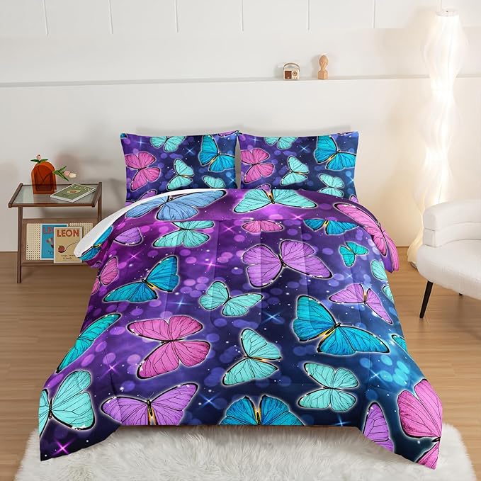 HOSIMA Butterfly Comforter Set with 2 Pillowcases,Glitter Purple Blue Butterfly Printed Bedding Set Twin Bed in A Bag Sets for Adults Kids,Starry Sky Galaxy Comforter Butterfly Room Decor Aesthetics.