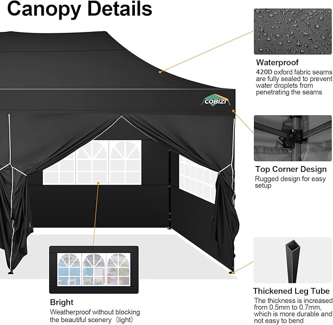 COBIZI 10x20 Pop up Canopy Tent 10x20 Canopy with 6 Sidewalls Waterproof Heavy Duty Commercial Canopy Tent for Parties Outdoor Tent Garden Gazebo Tent, Carry Bag with Wheel(10x20ft, Black)