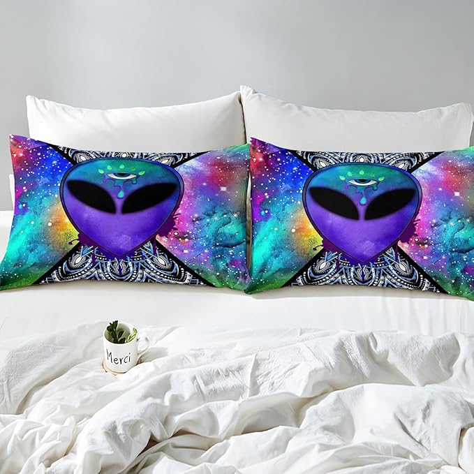 Trippy Alien Comforter Set Queen Galaxy Hippie Bedding Set for Kids Boys Teens Trippy Room Decor, Outer Space Solar System Duvet Sets Boho Psychedelic Tie Dye Down Comforter with 2 Pillow Cases