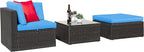 Greesum 3 Piece Patio Conversation Set Wicker Rattan Furniture Outdoor Sofa with Cushions,Pillows and Glass Table for Porch,Lawn and Yard, Blue
