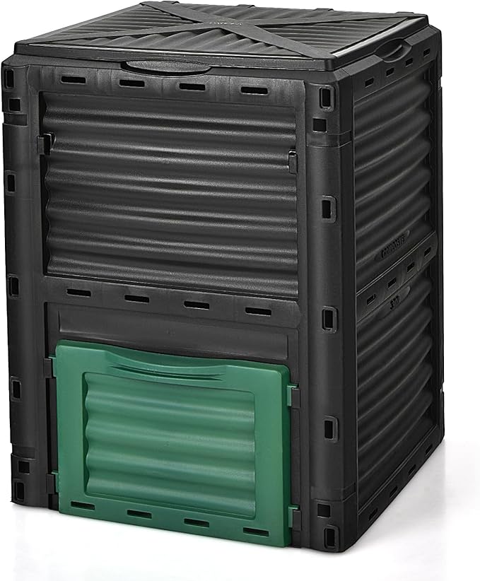 Compost Bin Outdoor, 80 Gallon Garden Compost Bin with Top Lid & Bottom Door, Aerating Outdoor Compost Box Waste Container Barrel Fertilizer for Garden & Yard (Black & Green)