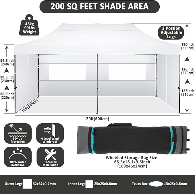 COBIZI 10x20 Pop Up Canopy with 6 Sidewall,Heavy Duty Canopy UPF 50+ All Season Wind Waterproof Commercial Outdoor Wedding Party Tents for Parties Canopy Gazebo with Roller Bag(10 x 20 ft White)