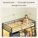 Bonnlo Low Loft Bed with 3 Drawers, 2-Tier Storage Shelf and Toy Storage Basket, Metal loft Bed Twin Size with LED Lights and Safety Guardrail for Kids (Black)