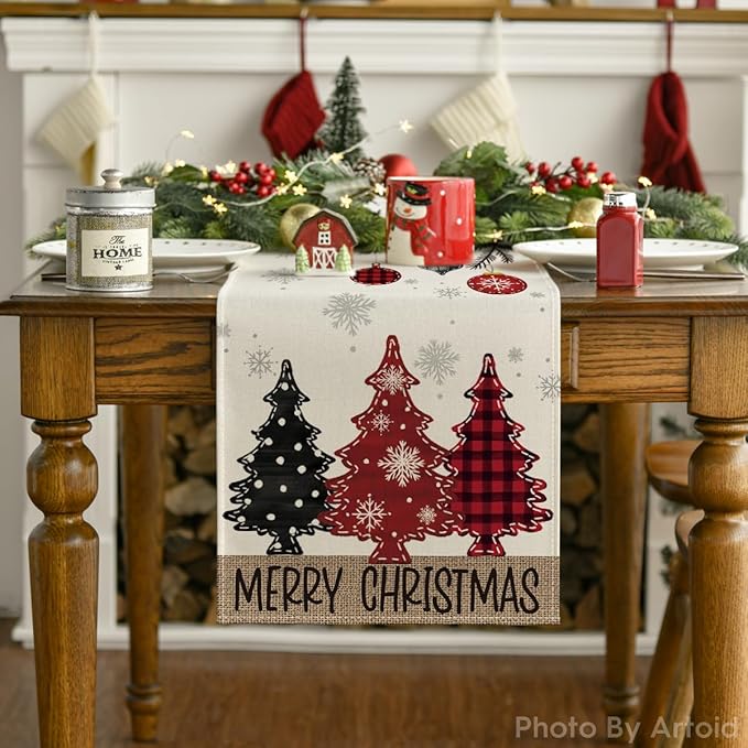 Artoid Mode Red Pine Trees Merry Christmas Table Runner, Winter Xmas Holiday Kitchen Dining Table Decoration for Home Party Decor 13x48 Inch