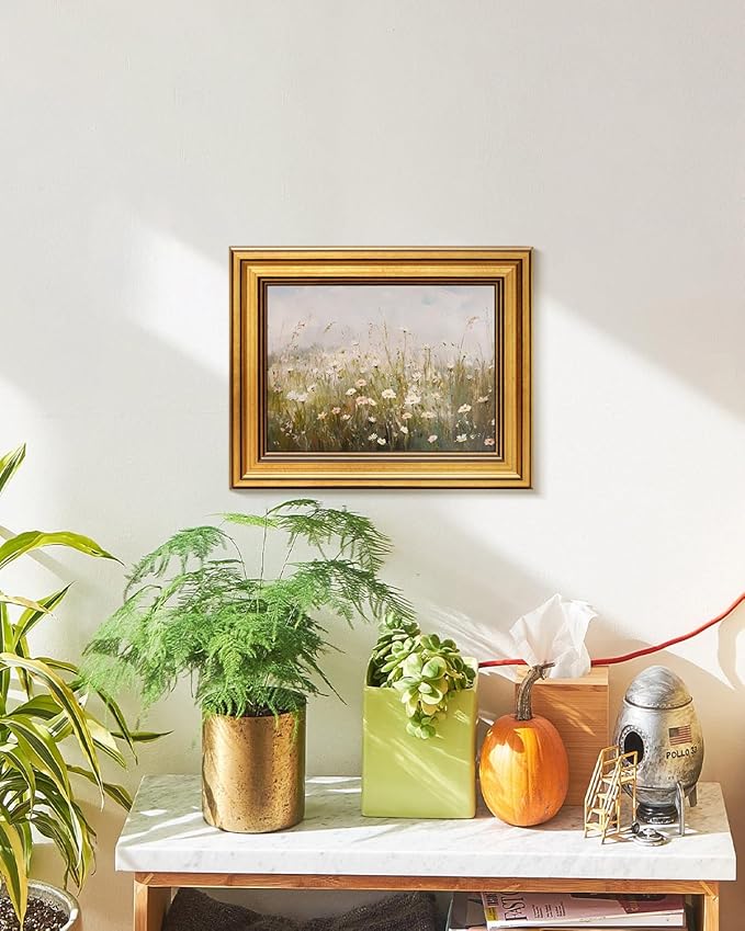 HUARCEY Gold Framed Vintage Wall Art for Living Room Wildflower Field Landscape Decor Aesthetic Mother Day Gift for Mom Oil Painting Flower Wall Print Floral Pictures Canvas Artwork Shelf Decor 8x10in