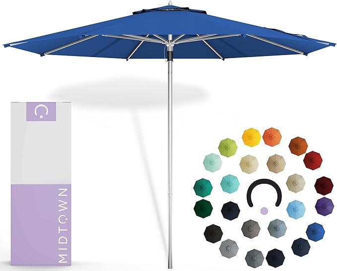 Midtown Umbrellas Push Pop Sunbrella Umbrella 10 Feet Large Outdoor Umbrella With Dark Blue Acrylic Fabric - Deck Patio Umbrella, Backyard Umbrella, Garden Umbrella & Pool Umbrella - Black Pole
